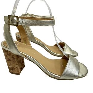 Anthropologie | Elizabeth Metallic Cork Block Heels Sandal Size 36